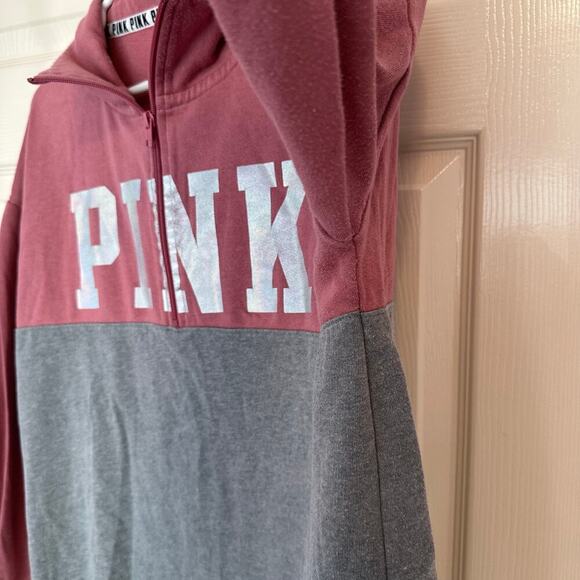 Victoria’s Secret PINK Quarter Zip Pullover Sweatshirt Size S Pink/Gray Logo - Picture 3 of 8